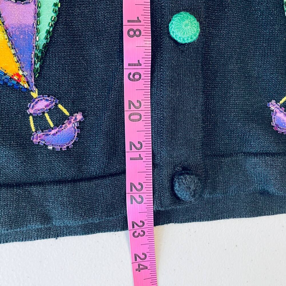 Vintage Terazzo Black Embroidered Colorful Sequin Hot Air Balloons Cardigan M - Picture 13 of 13